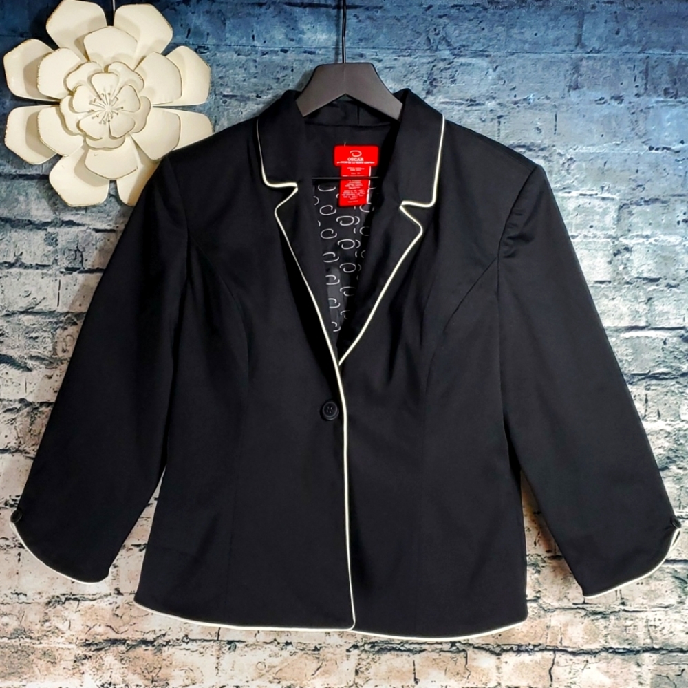 Oscar by Oscar de la Renta | Classic Black White Piping Fitted Blazer Jacket
